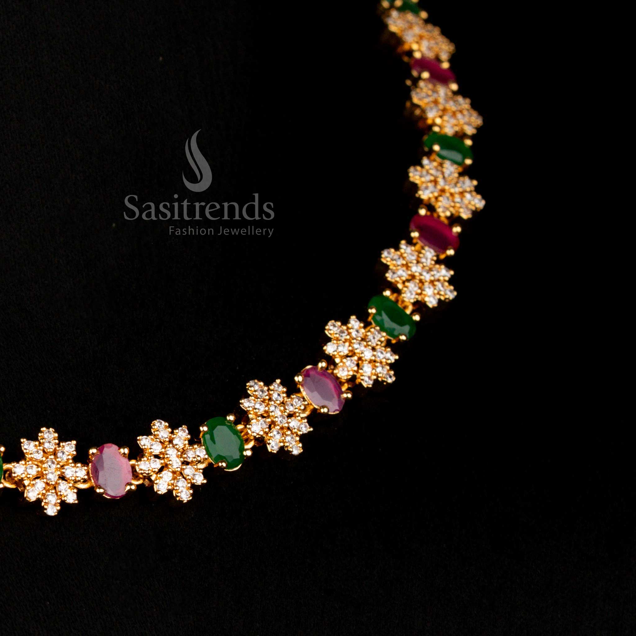 Opulent multi-tone micro gold American Diamond floral necklace featuring colourful oval gems and a classic drop centrepiece for unmatched festive luxury – Sasitrends