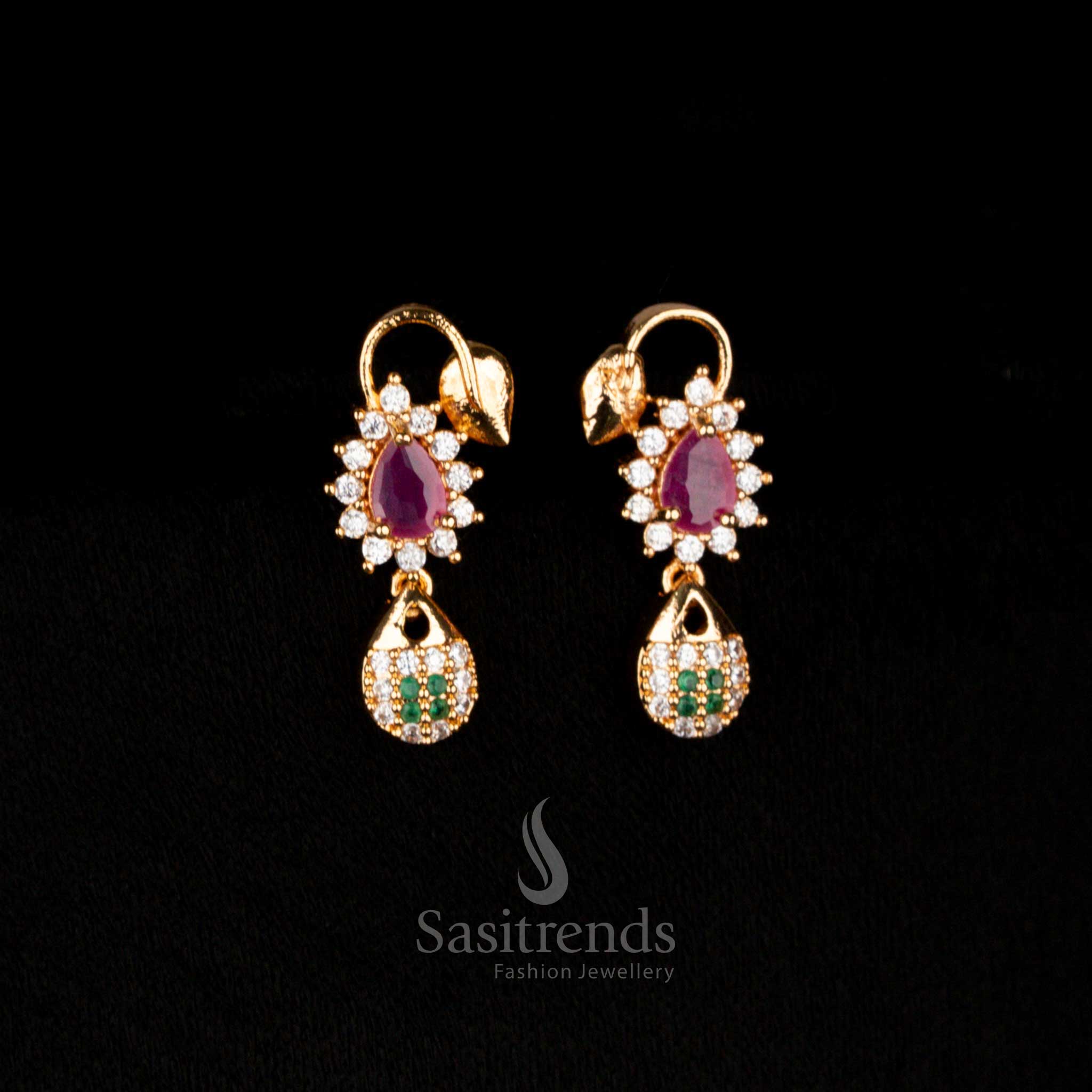Radiant multi-tone micro gold plated AD teardrop stud earrings featuring colourful gemstones, perfect for designer festive and party jewellery – Sasitrends