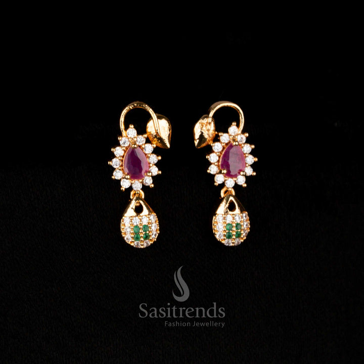 Radiant multi-tone micro gold plated AD teardrop stud earrings featuring colourful gemstones, perfect for designer festive and party jewellery – Sasitrends
