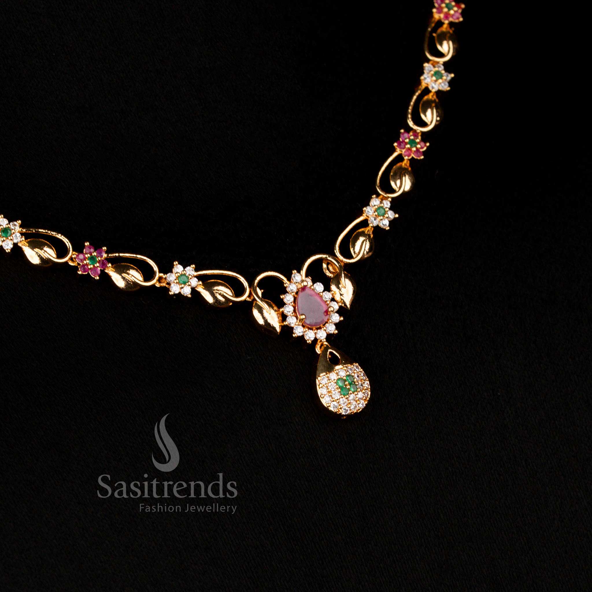 Radiant multi-tone micro gold AD teardrop pendant necklace adorned with colourful stones, designed for festive elegance and designer party jewellery – Sasitrends