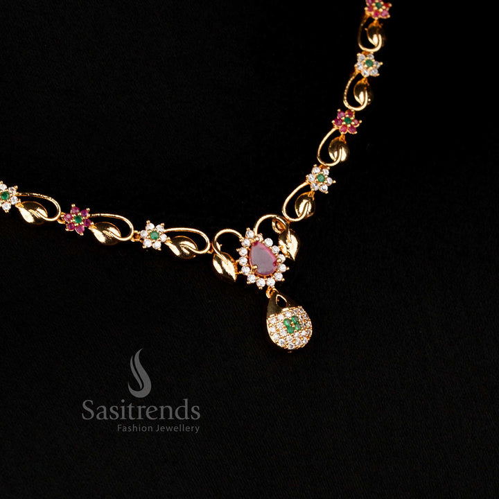 Radiant multi-tone micro gold AD teardrop pendant necklace adorned with colourful stones, designed for festive elegance and designer party jewellery – Sasitrends