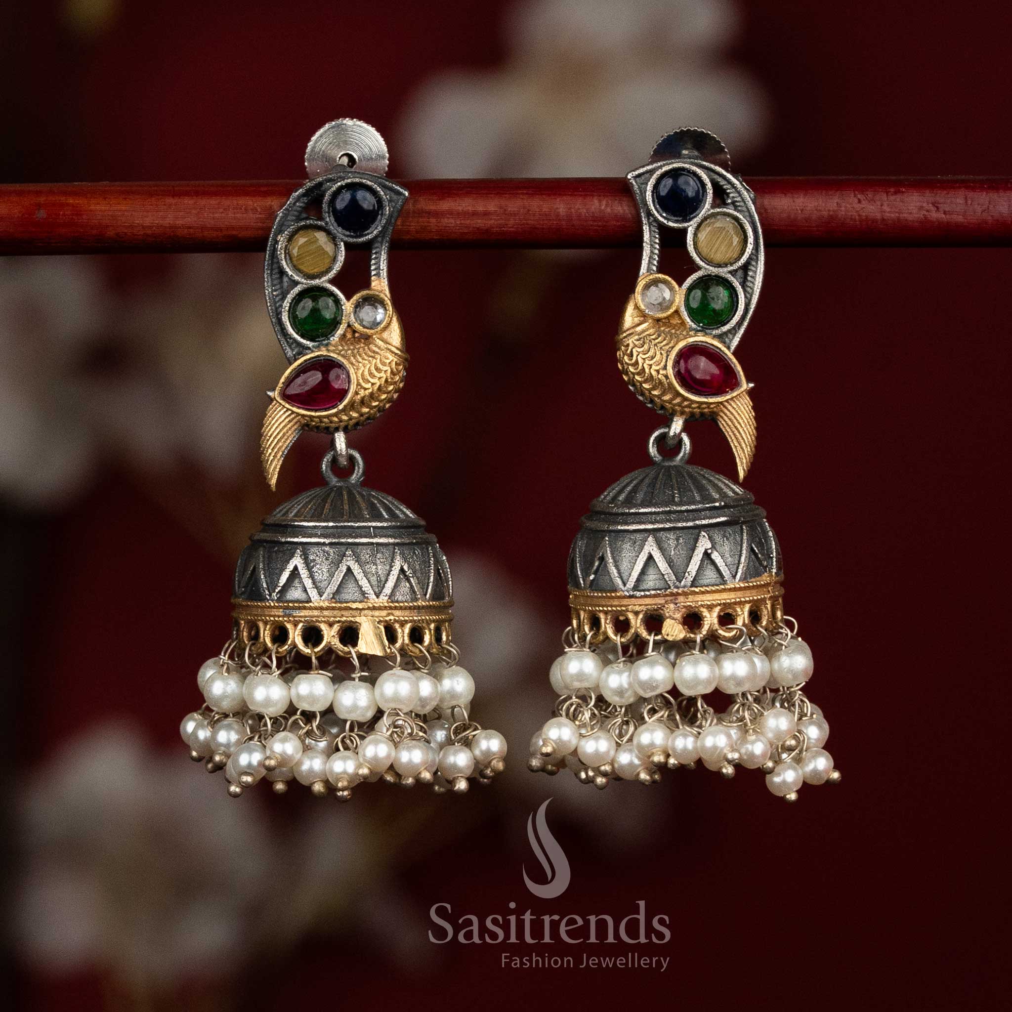 Colorful heritage oxidised multi silver dual tone peacock Monalisa jhumkas with pearl drop earrings for cultural - jewellery - Sasitrends