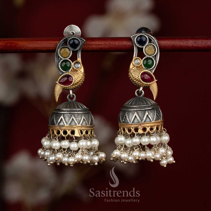Colorful heritage oxidised multi silver dual tone peacock Monalisa jhumkas with pearl drop earrings for cultural - jewellery - Sasitrends