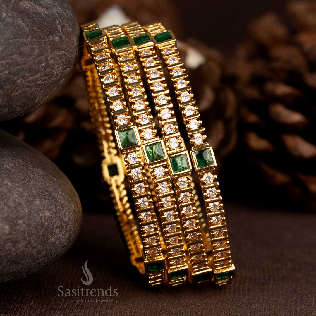 Refined one gram gold plated bangles adorned with white and green AD centre stones in square and round detailing, perfect for timeless traditional elegance – Sasitrends