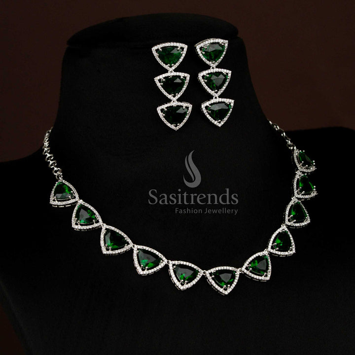 Opulent green rhodium silver triangular necklace set with American Diamonds for grand weddings and celebrations – Sasitrends