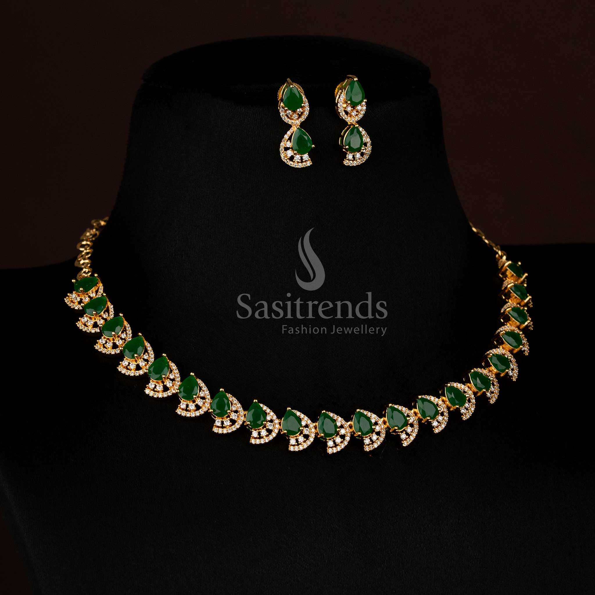 Classy green gold plated teardrop infinity necklace with sparkling American diamonds for festive occasions - Sasitrends