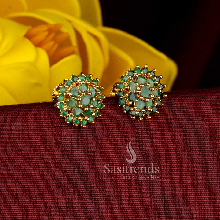 Grand green micro gold plated AD circular flower stud earrings designed for ceremonial, traditional, and party occasions, perfect with silk saree and half saree - Sasitrends