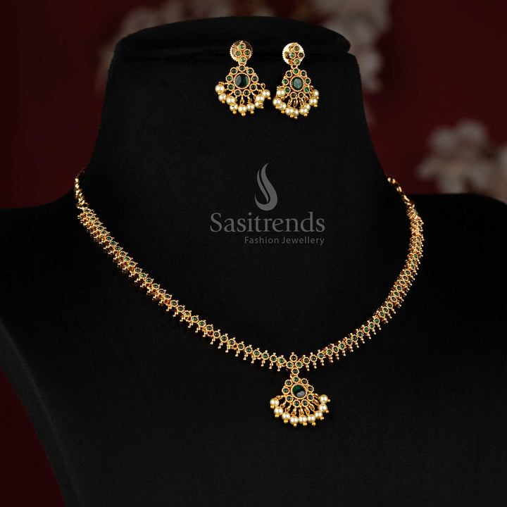 Regal green micro gold plated circular floral pearl necklace and earring set featuring ornate AD stone details, designed for festive occasions and traditional wedding attire - Sasitrends