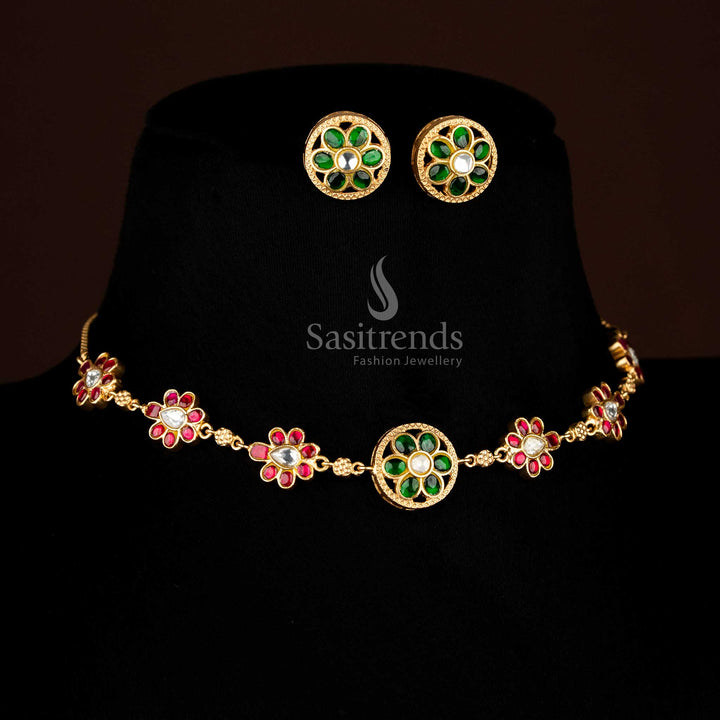 Opulent Jadau 24K gold plated round floral necklace with multi-coloured stones, crafted for traditional temple rituals and cultural ceremonies – Sasitrends
