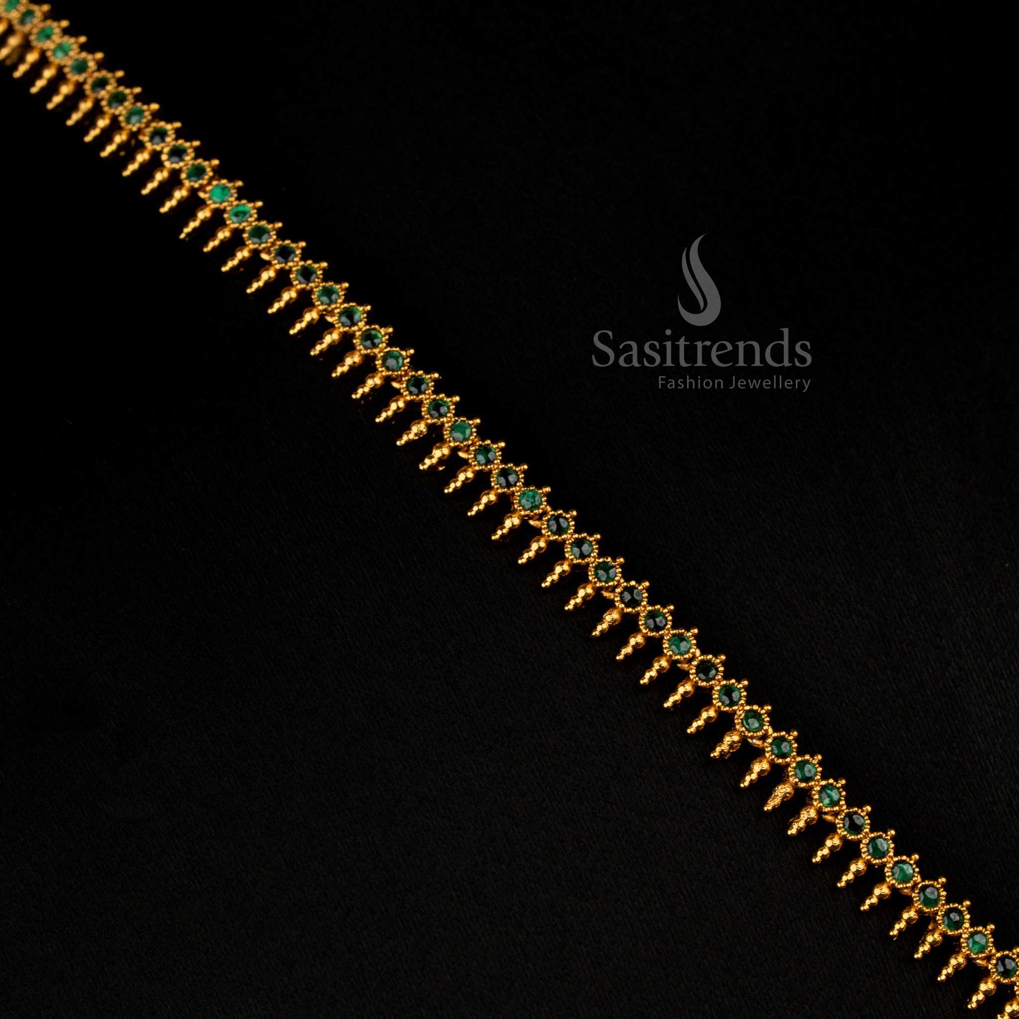 Enchanting Green Temple Matte Gold Plated Long Necklace Embellished with Circular Floral Patterns and Shimmering AD Stones, Captivating for Traditional Celebrations – Sasitrends