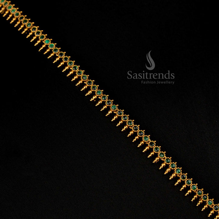 Enchanting Green Temple Matte Gold Plated Long Necklace Embellished with Circular Floral Patterns and Shimmering AD Stones, Captivating for Traditional Celebrations – Sasitrends