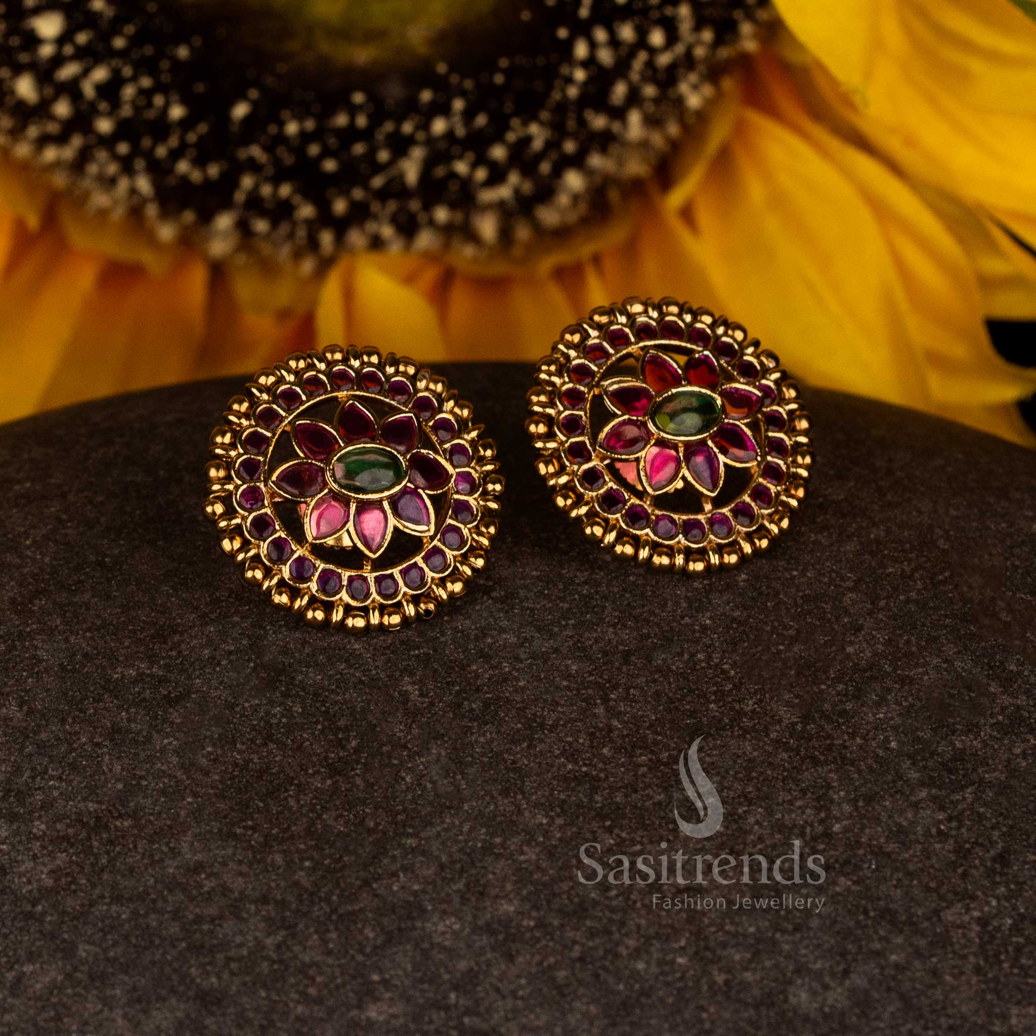 Ornate divine blossom matte gold plated lotus cluster temple stud earrings crafted with artisan finishing and luxurious celebration appeal - Sasitrends