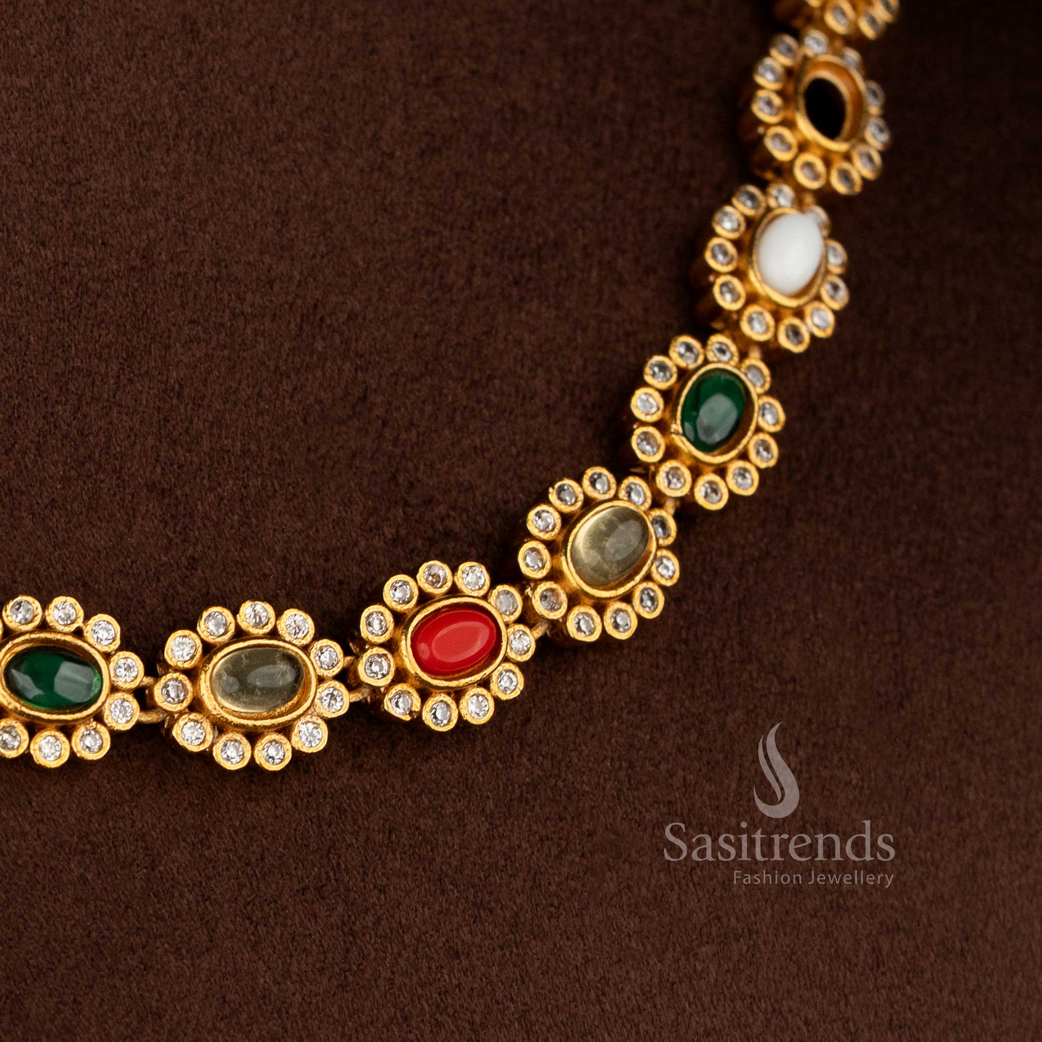 Elegant matte gold plated multi-colored oval floral AD necklace for silk sarees, colorful kurtis, and festive styling – Sasitrends