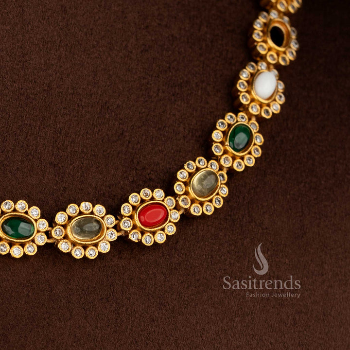 Elegant matte gold plated multi-colored oval floral AD necklace for silk sarees, colorful kurtis, and festive styling – Sasitrends