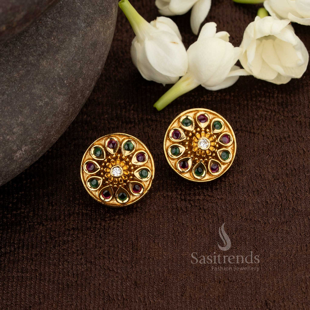 Glamorous Multicolor Stud Earrings In Matte Gold With American Diamond – Perfect Jewellery For Festivals Cultural Gatherings And Heritage Outfits – Sasitrends