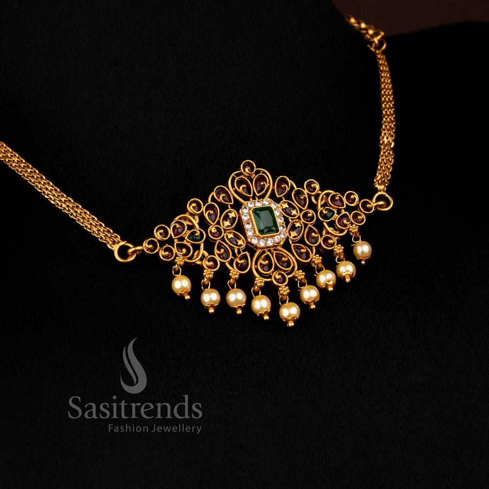 Colourful Matte Gold Floral Rectangular Stone Choker Jewellery Set with temple art motif, symbolising rich cultural tradition and festive spirit — Sasitrends