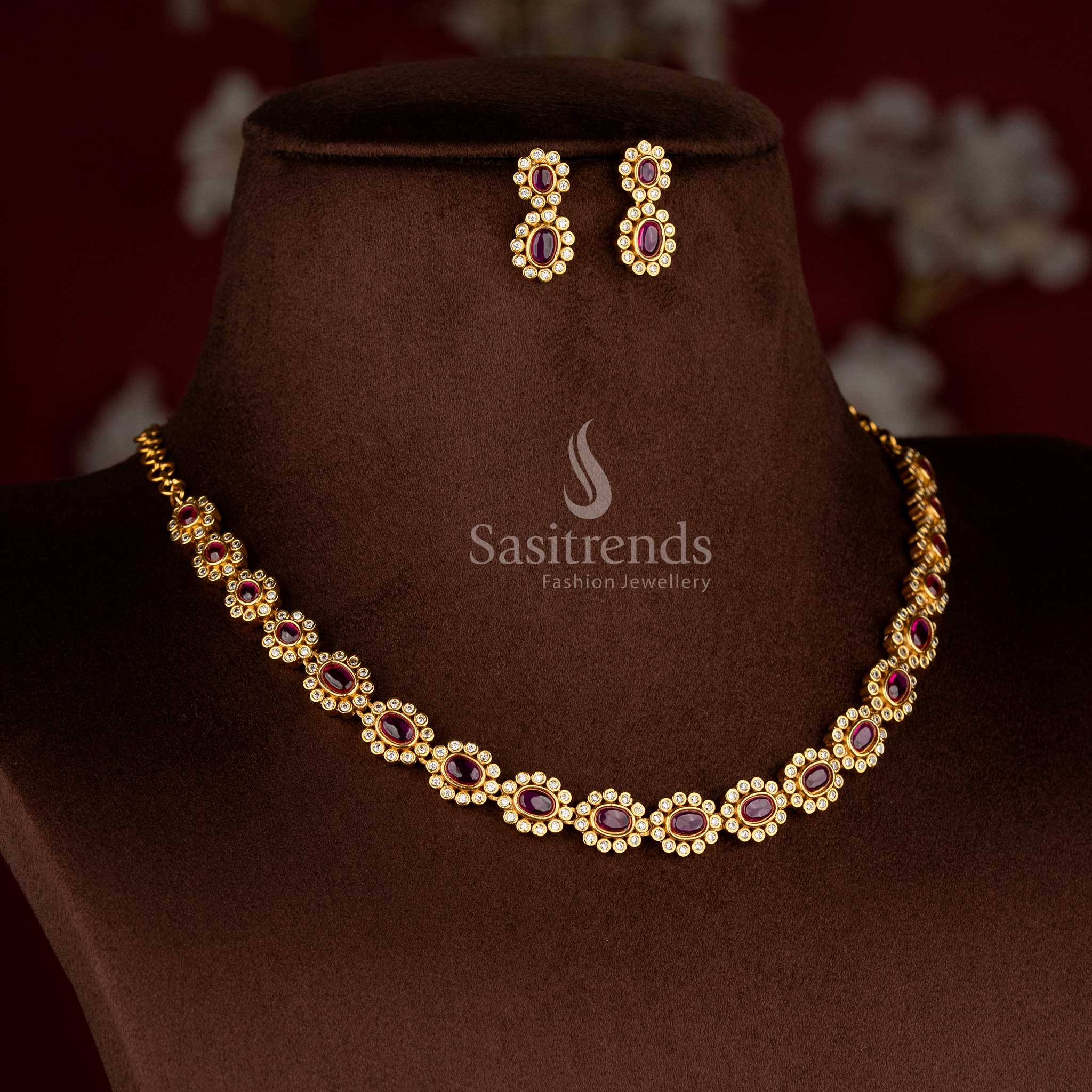 Graceful matte gold plated ruby AD floral necklace set with matching earrings for party and celebration-ready styling – Sasitrends