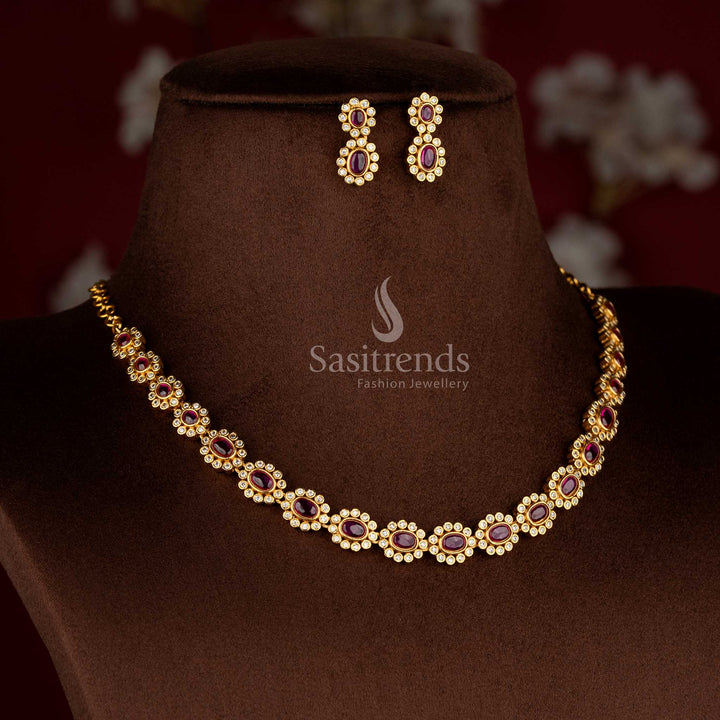 Graceful matte gold plated ruby AD floral necklace set with matching earrings for party and celebration-ready styling – Sasitrends