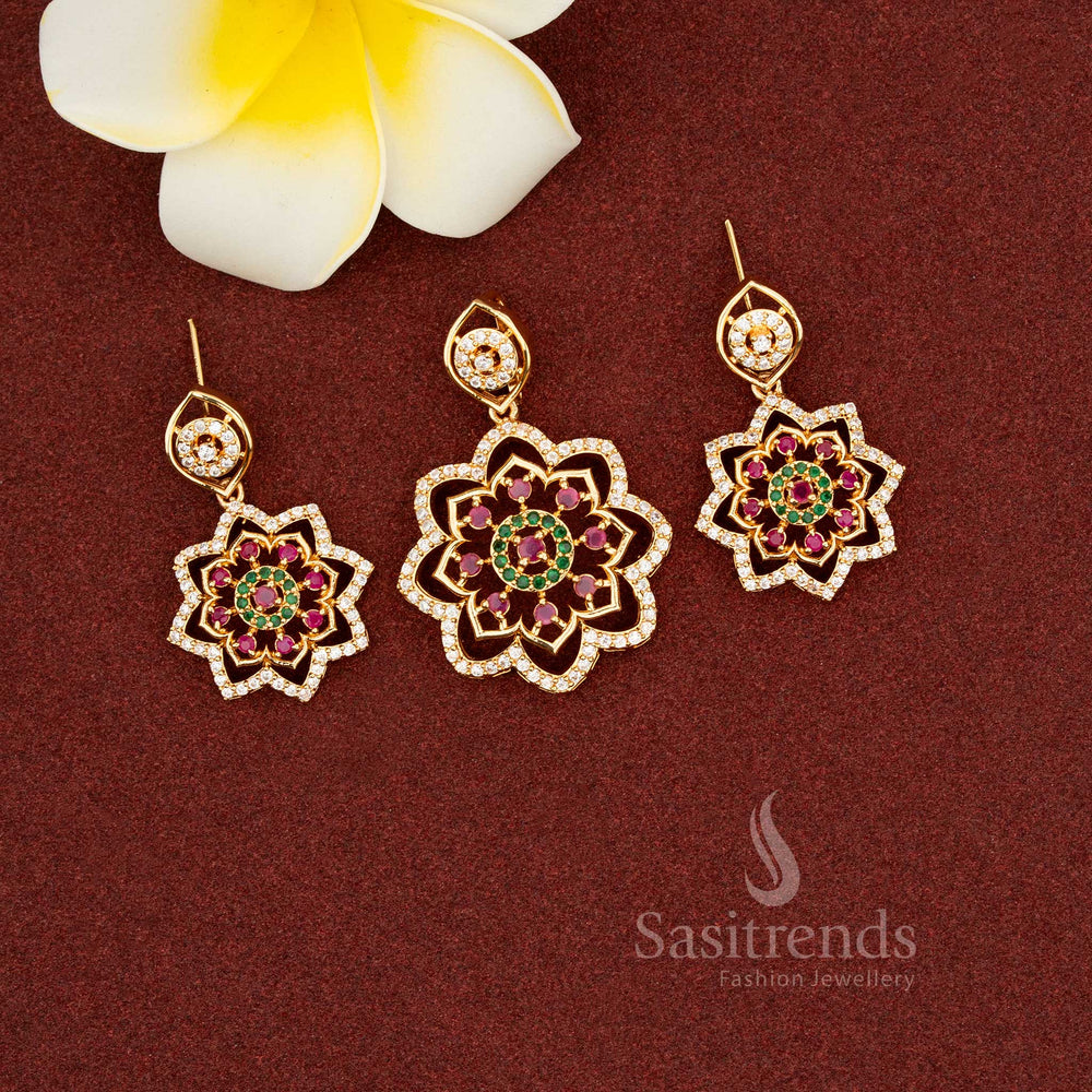 Elegant multi-colour AD floral stone pendant set paired with multi-gem earrings perfect for traditional festive Jewellery - Sasitrends