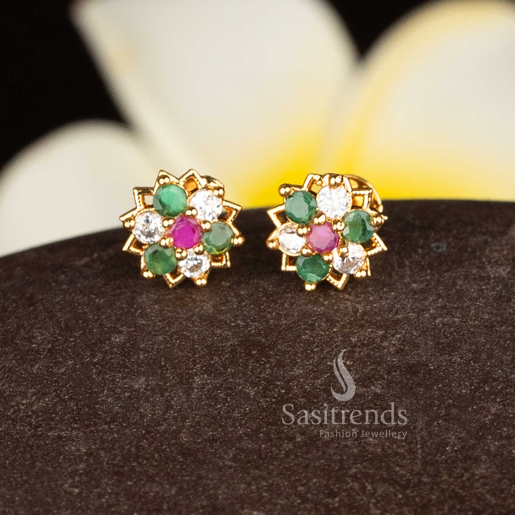 Festive Micro Gold Plated AD Lotus Outline Flower Cluster Stud Earrings in Multi Color, Designed for Ethnic Heritage Jewellery – Sasitrends