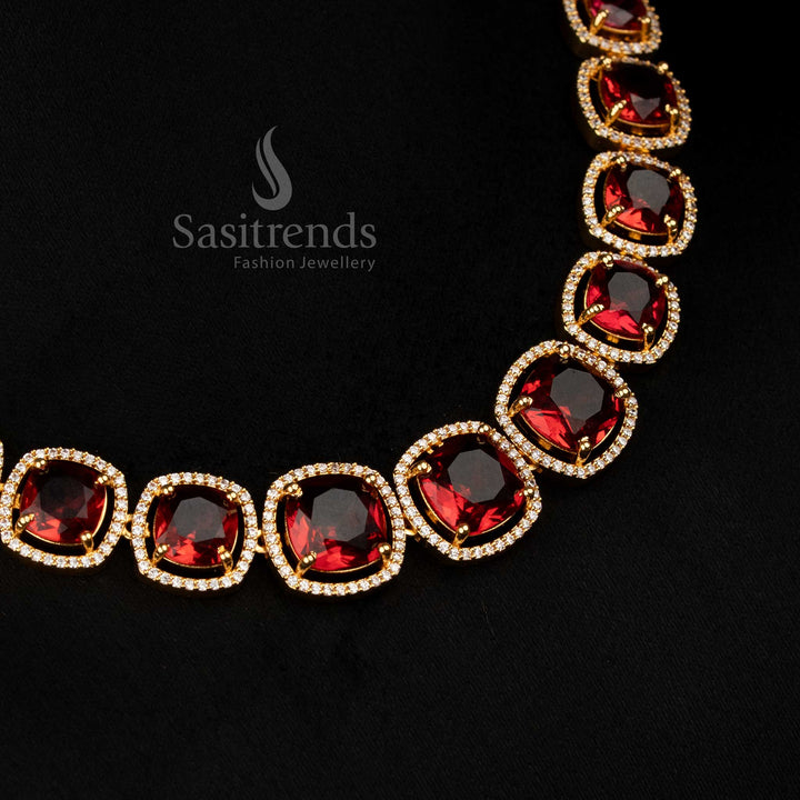 Elegant micro gold plated American Diamond red square stone necklace jewellery set perfect for festive attraction and cultural elegance – Sasitrends