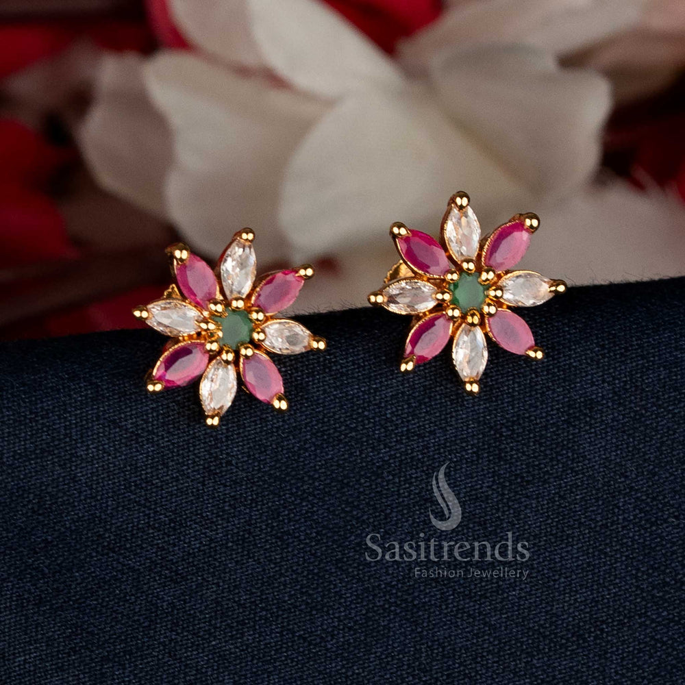 Festive Multi Micro Gold Plated Floral AD Stud Earrings with intricate gem designs, ideal for cultural gatherings and celebratory occasions — Sasitrends