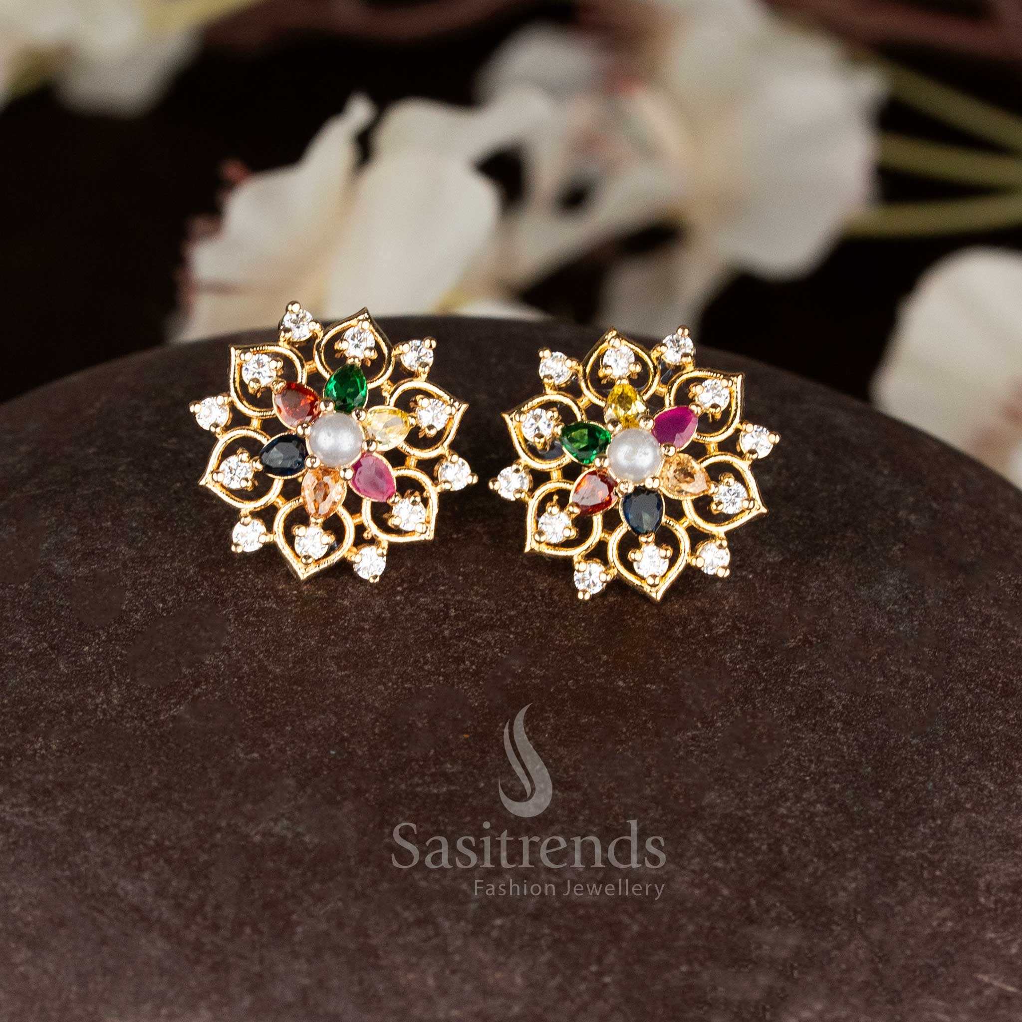 Regal micro gold plated navarathnam teardrop floral stone stud earrings bringing radiant festive aura and colourful brilliance - Sasitrends