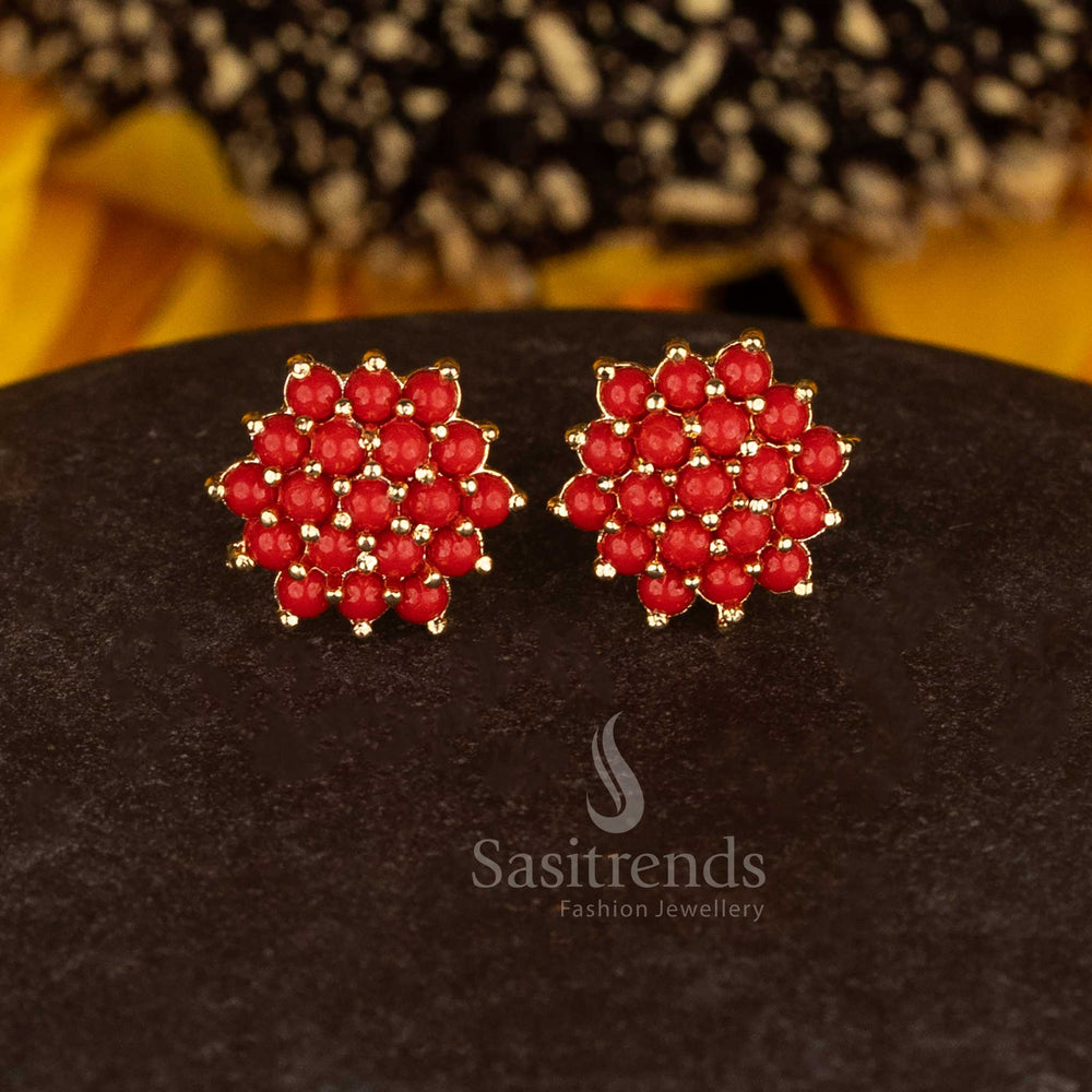 Graceful micro gold plated pavalam circular flower stone stud earrings showcasing festive beauty and ornate detail - Sasitrends