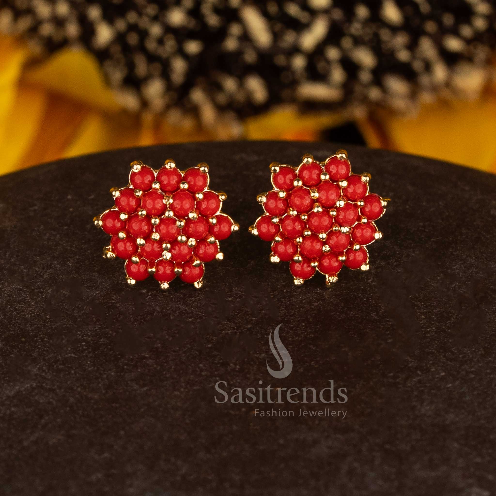 Graceful micro gold plated pavalam circular flower stone stud earrings showcasing festive beauty and ornate detail - Sasitrends