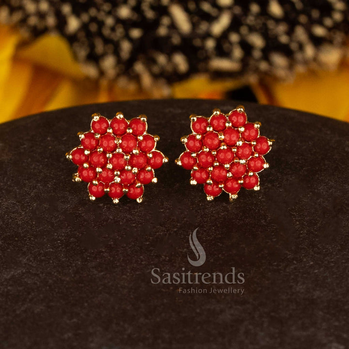 Graceful micro gold plated pavalam circular flower stone stud earrings showcasing festive beauty and ornate detail - Sasitrends