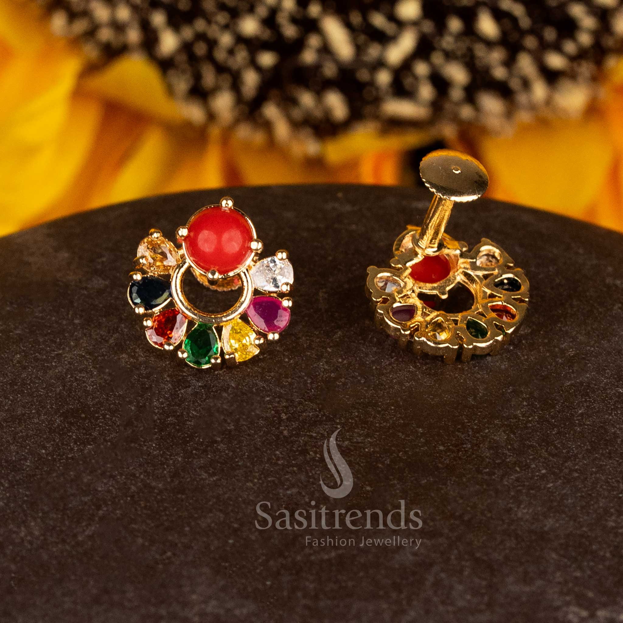 Majestic micro gold plated pavalam navarathnam circular stone stud earrings offering festive lustre and rich tones - Sasitrends