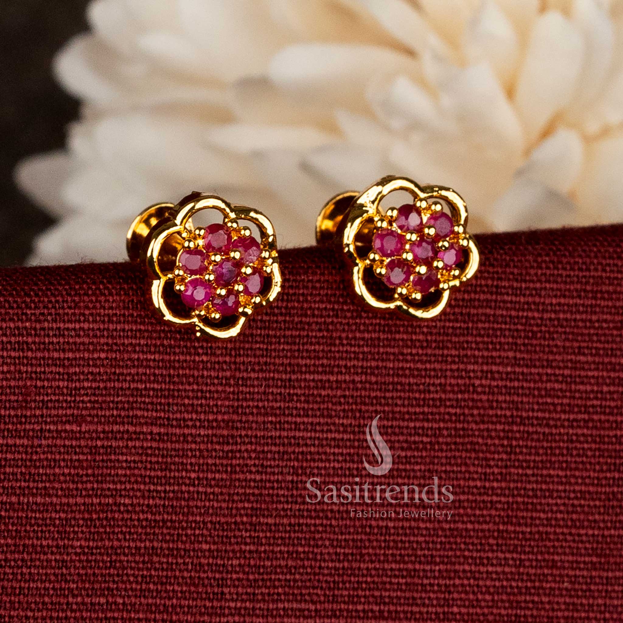 Classic micro gold plated ruby AD screw type floral cluster stud earrings giving rich colour, smooth brilliance and polished appearance for everyday styling – Sasitrends