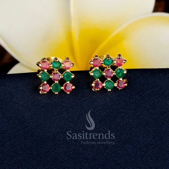 Chic micro gold plated square earrings featuring ruby-green AD stones with luxe detailing, perfect for temple events and cultural outfits – Sasitrends