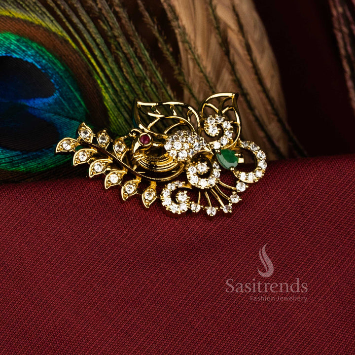 Opulent Multi-Color Peacock Leaf Floral Saree Pin with American Diamond and Mahendi Finish, Elegant for Festival and Bridal Jewellery – Sasitrends