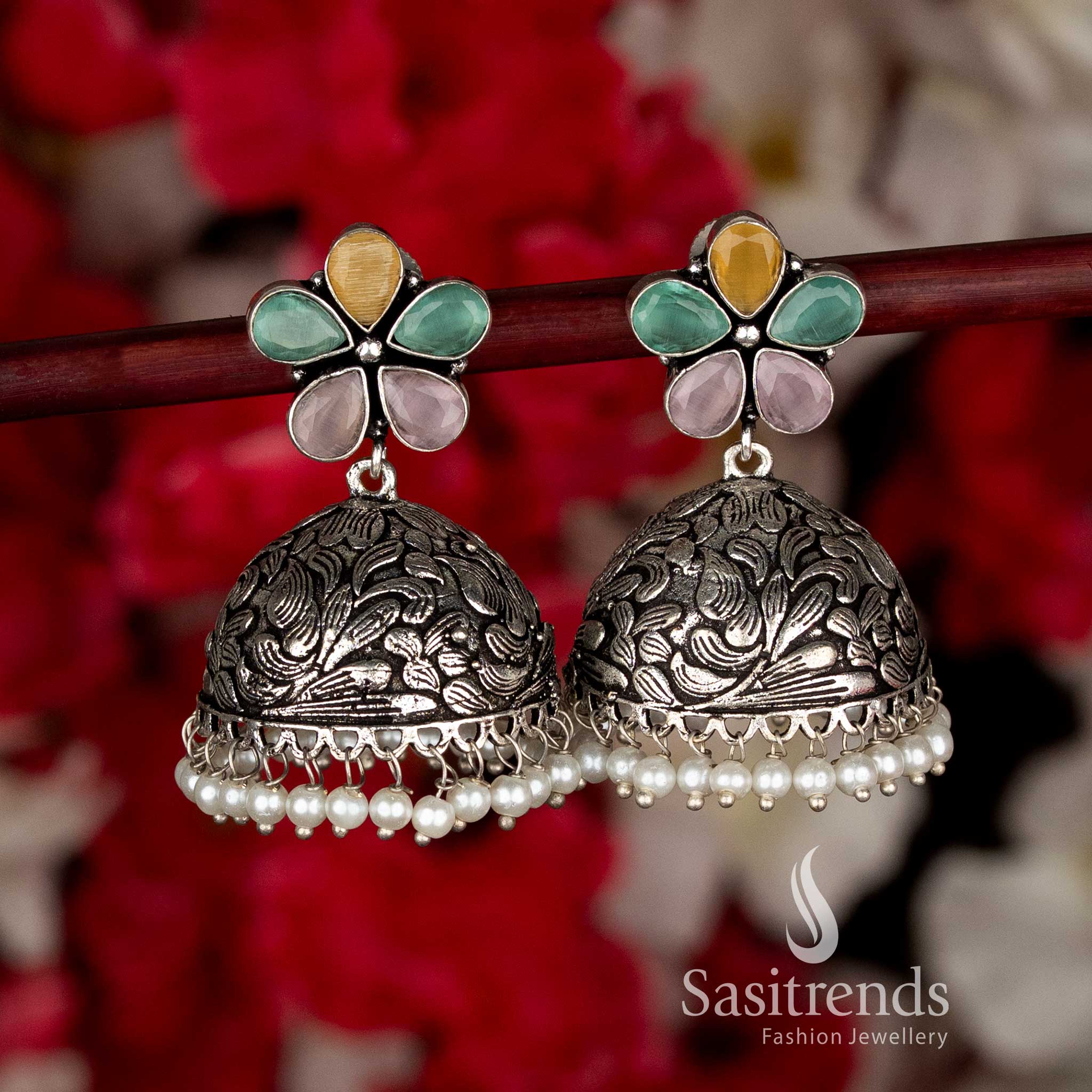 Eye-Catching Multi Color Party Oxidised Floral Jhumka Earrings with Pearl Drops for Ethnic Black Saree Navaratri Look-Sasitrends