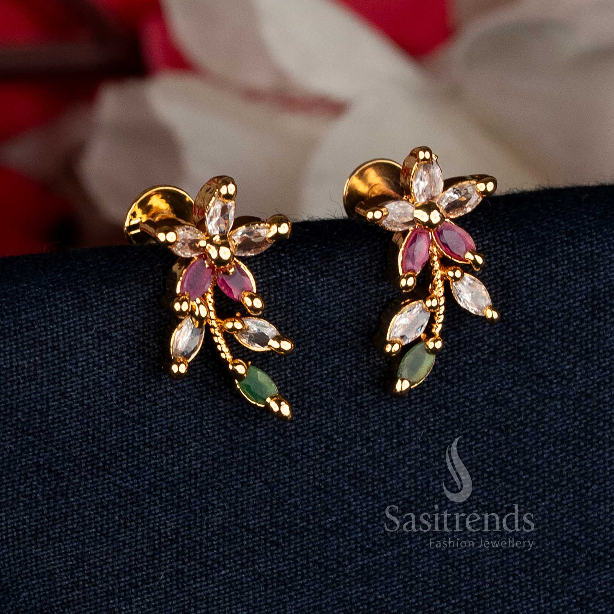 Radiant multi micro gold plated AD stone marquise floral vine stud earrings adorned with vibrant gemstones for festive celebrations and cultural elegance – Sasitrends
