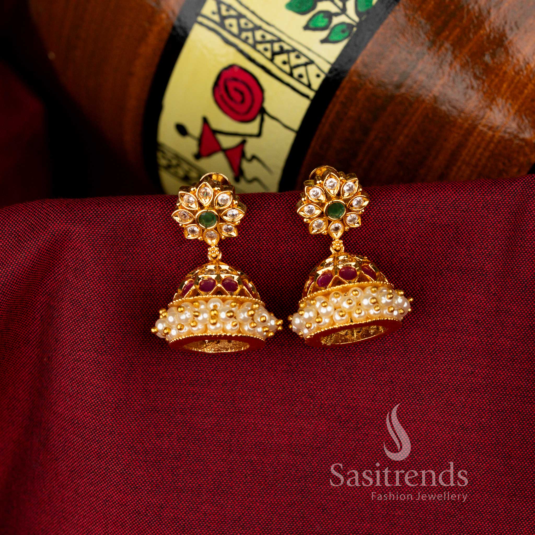 Multi-Colour Traditional Micro Gold Plated AD Stone Pearl Earrings Featuring Colourful Sparkle, Perfect for Grand Occasions – Sasitrends