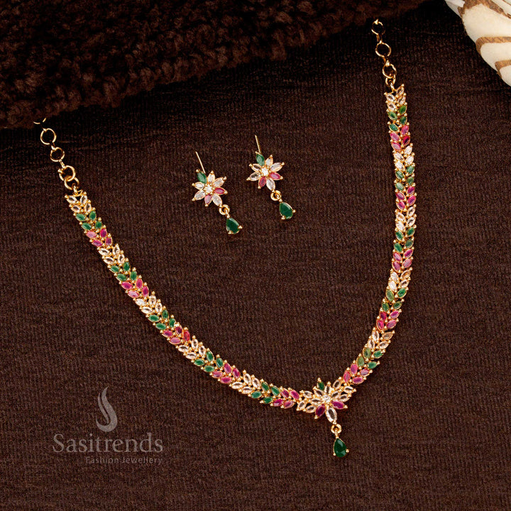 Radiant multi-tone micro gold plated American diamond leaf cluster necklace set, marquise stone floral vine design with elegant teardrop pendant for dazzling festive wear – Sasitrends