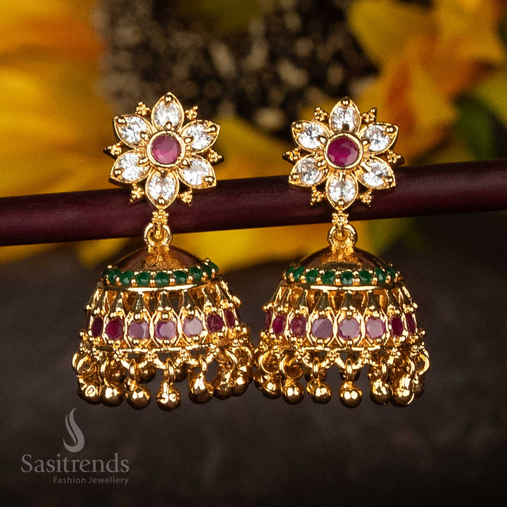 Radiant multi-hue floral jhumka earrings with shimmering AD stones, crystal accents, and pearl drops – micro gold plated festive jewellery designed for cultural grace and timeless charm – Sasitrends