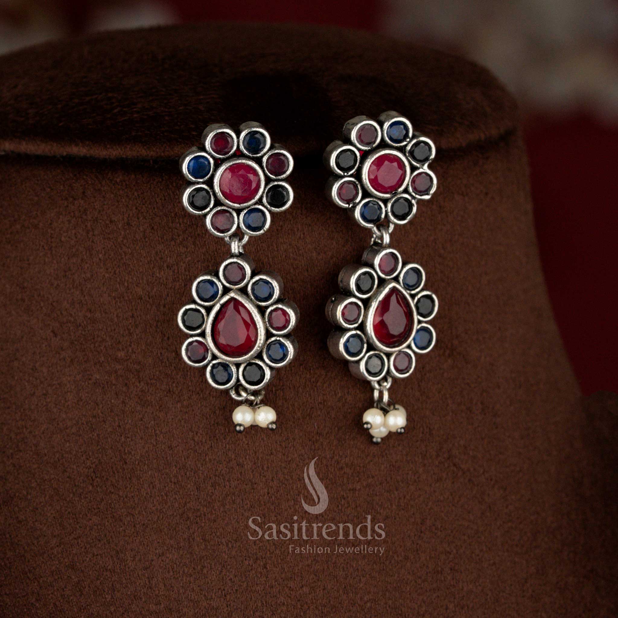 Festive multi oxidised stone floral pearl drop Earrings with a traditional balanced structure perfect for joyful family functions – Sasitrends