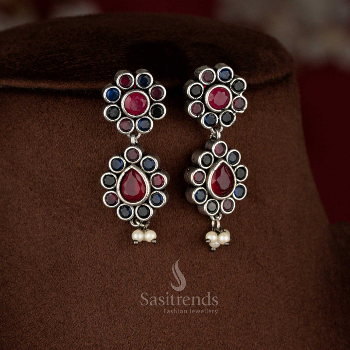 Festive multi oxidised stone floral pearl drop Earrings with a traditional balanced structure perfect for joyful family functions – Sasitrends
