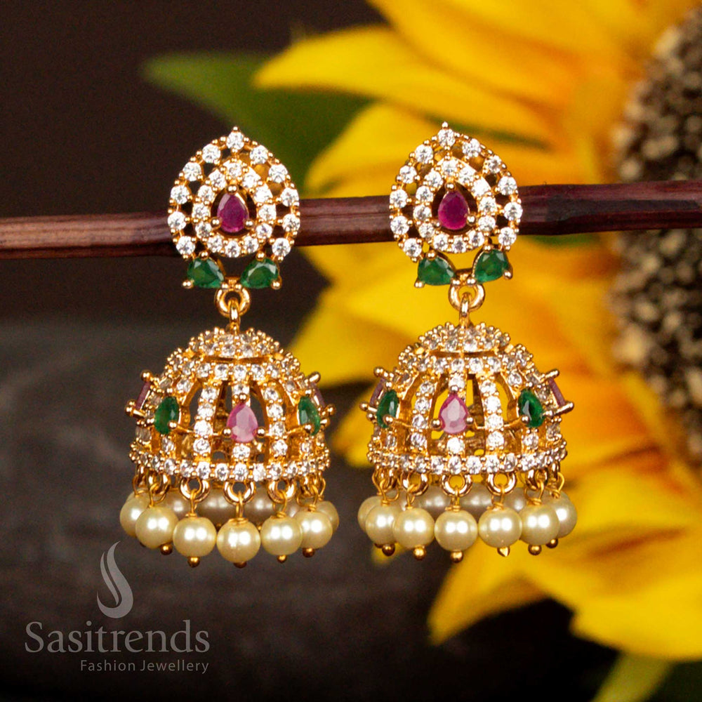 Grand American Diamond Multi Stone Micro Gold Plated Jhumka Earrings With Pearl Hangings Festive Traditional Jewellery - Sasitrends