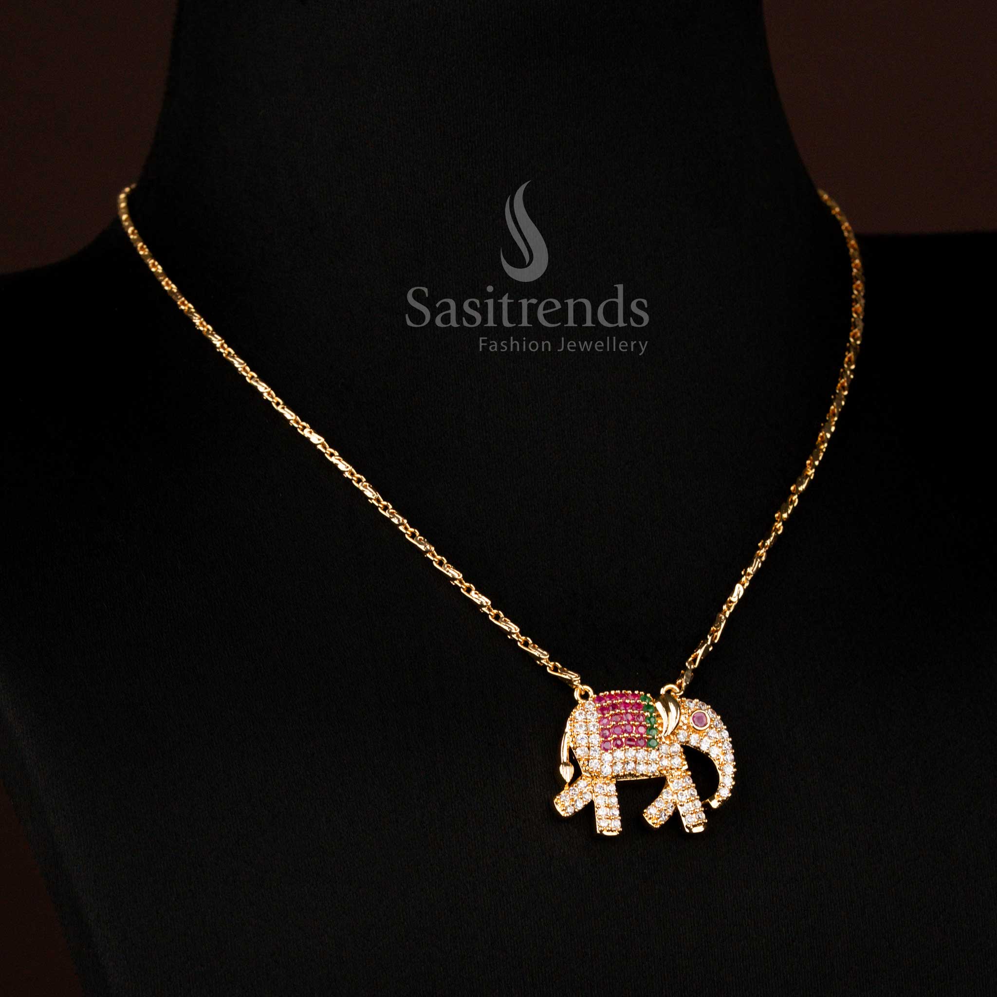 Luxurious Multi-colour Guaranteed Micro Gold Plated Necklace featuring elephant AD pendant, perfect for grand celebrations, wedding receptions, and festive functions – Sasitrends