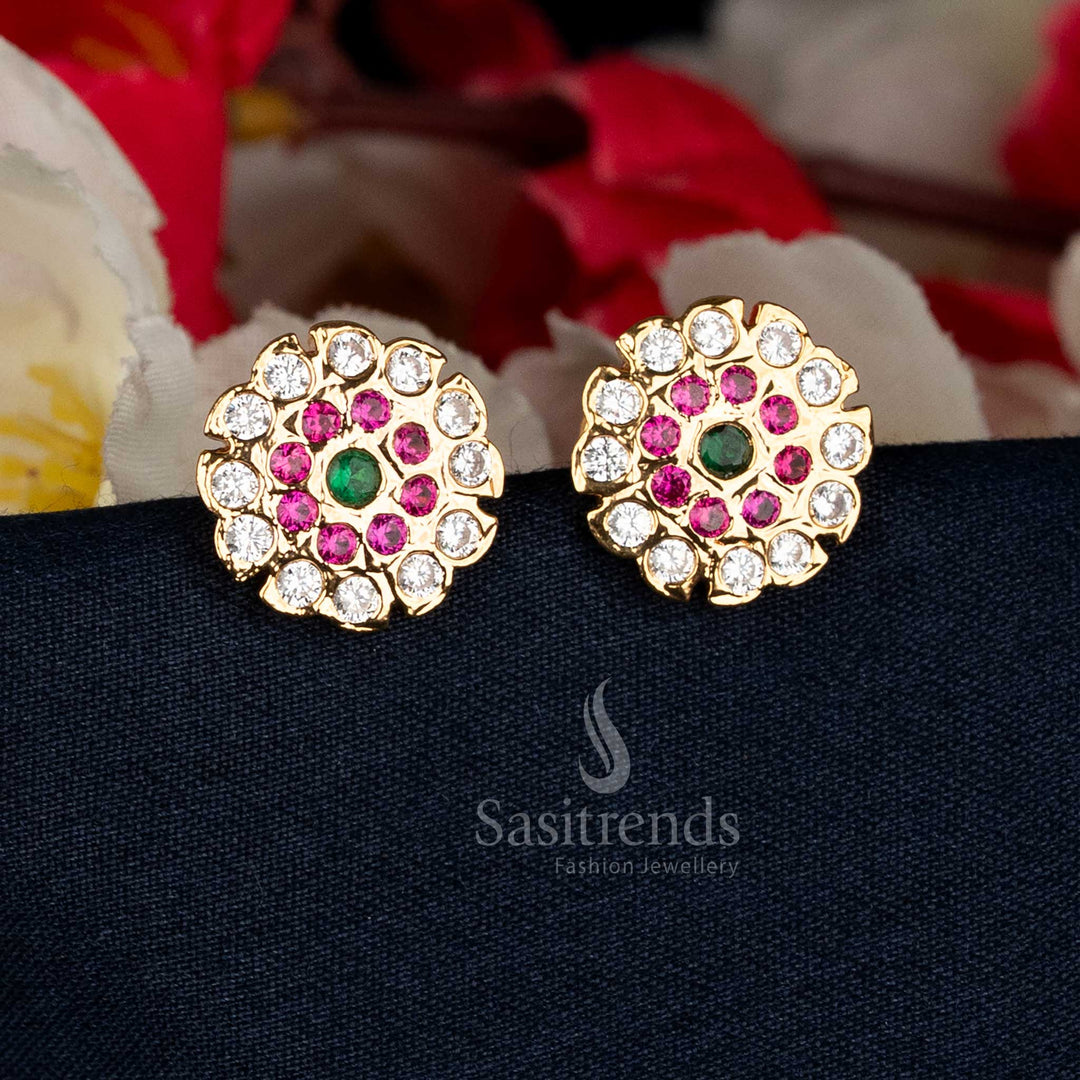 Vibrant multi Impon Addigai micro gold plated AD stone round cluster stud earrings adorned with colourful accents for festive and grand occasions – Sasitrends