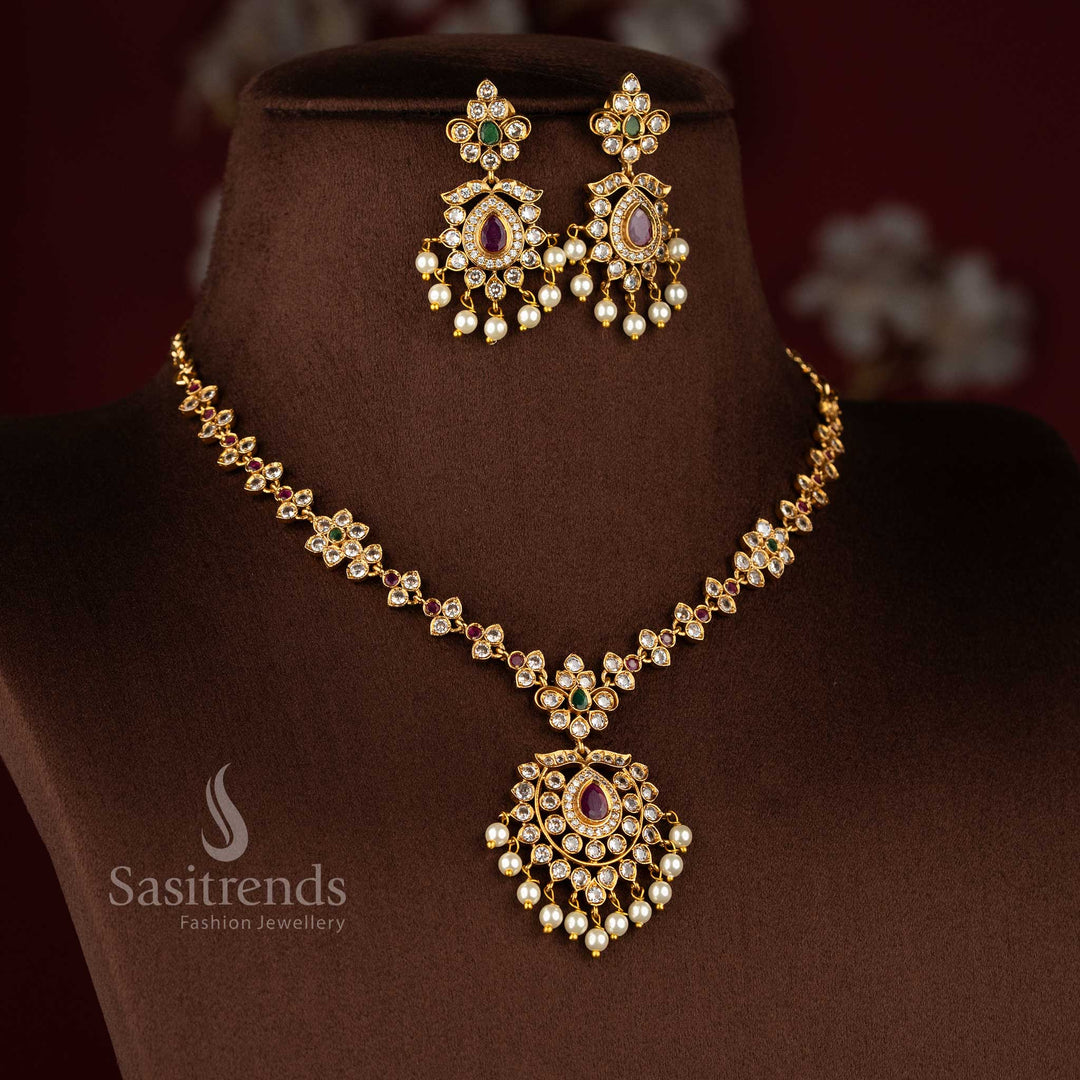 Splendid multi designer floral AD matte gold necklace set, stylish jewellery for cultural celebrations - Sasitrends