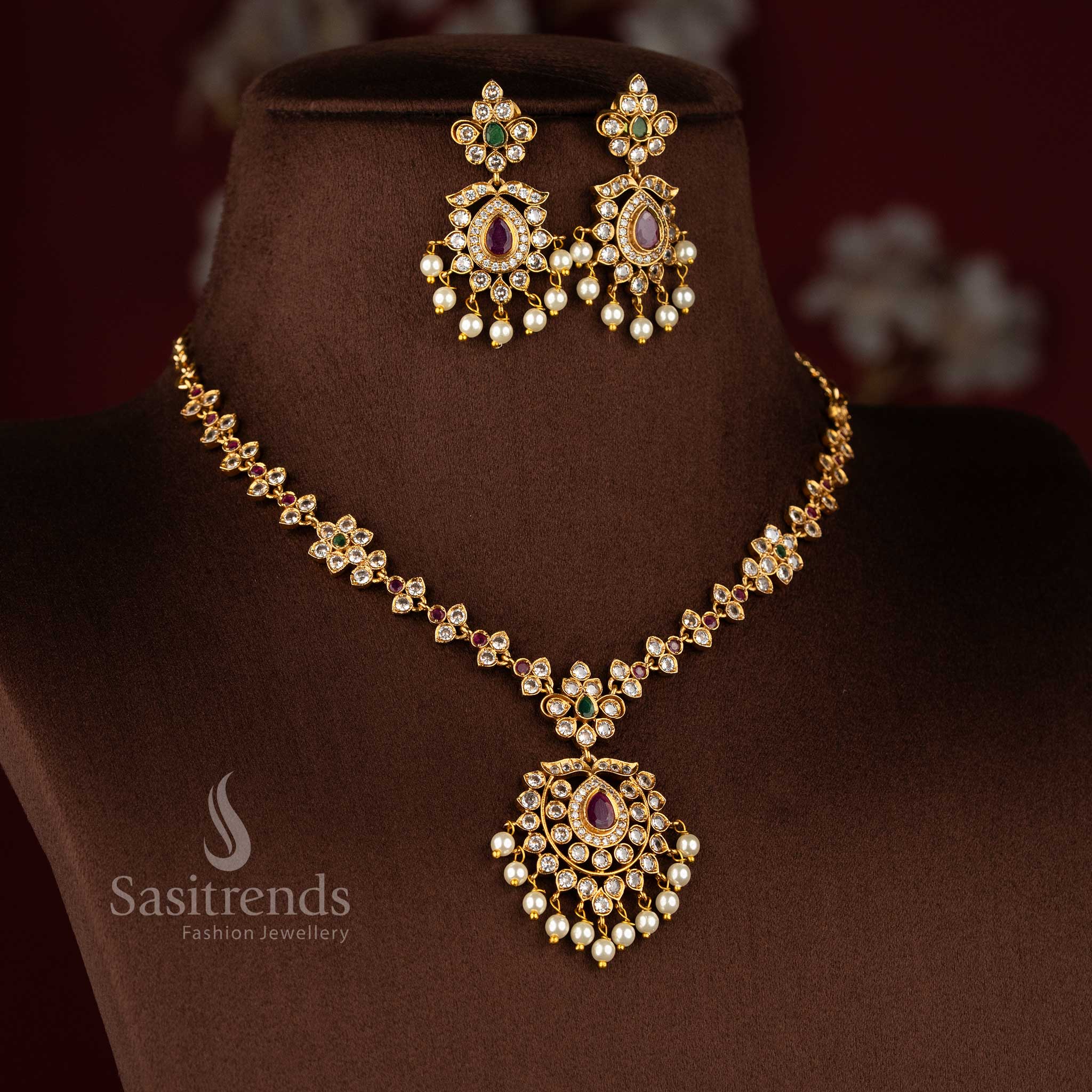 Splendid multi designer floral AD matte gold necklace set, stylish jewellery for cultural celebrations - Sasitrends