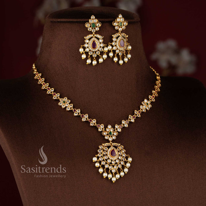Splendid multi designer floral AD matte gold necklace set, stylish jewellery for cultural celebrations - Sasitrends
