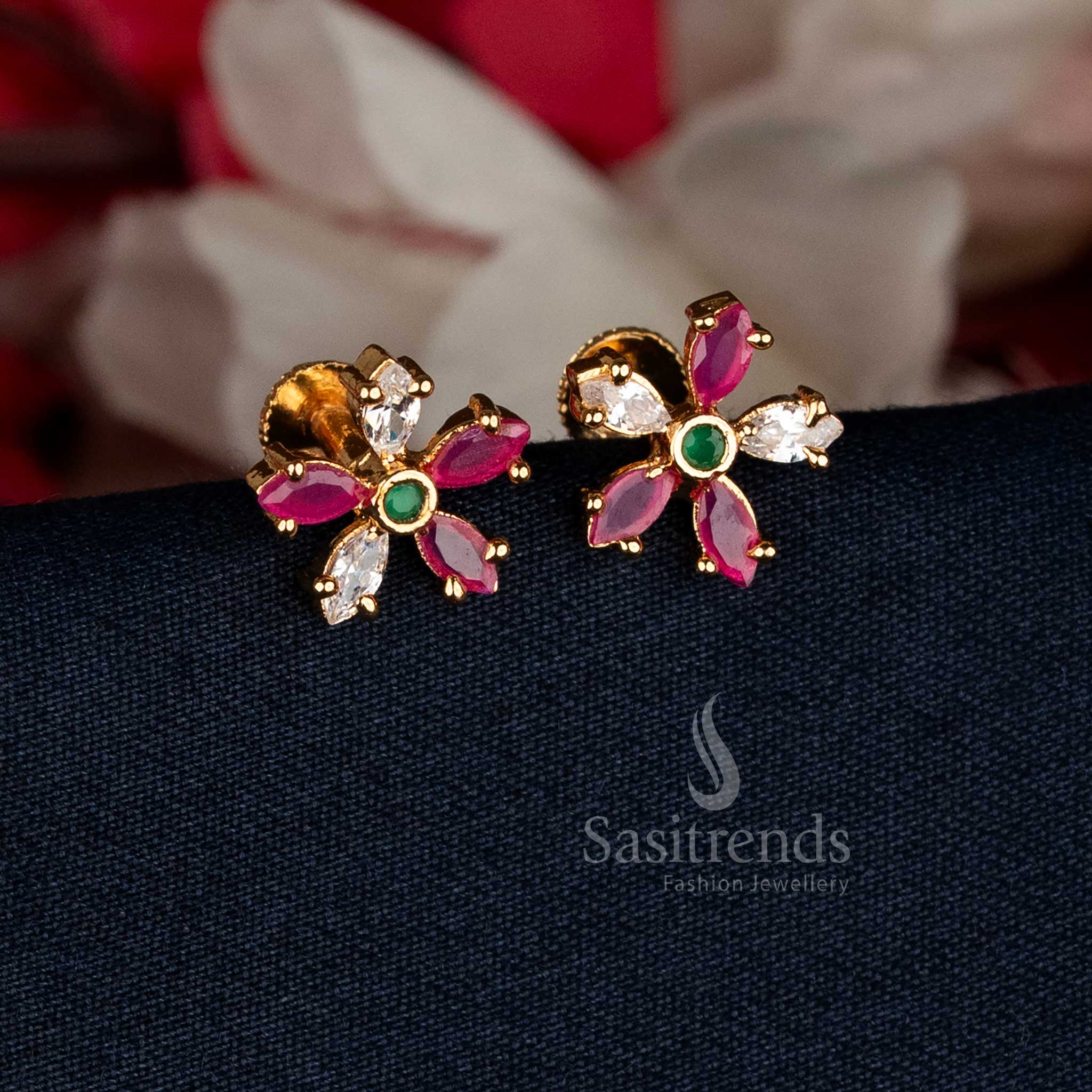 Radiant Multi Micro Gold Plated AD Stone Floral Stud Earrings featuring decorative multi-stone work, reflecting traditional artistry and real gold brilliance for joyous festive wear — Sasitrends