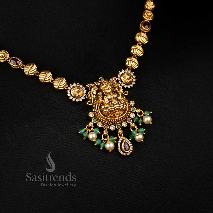 Luminous multi matte gold plated lotus Lakshmi Necklacefeaturing pearl drops, perfect to wear for traditional ceremonies and temple visits – Sasitrends