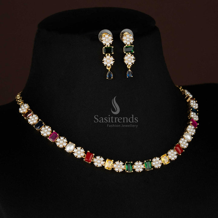 Amazing Micro Gold Plated Floral Pearl Cluster and Rectangular American Diamond Stone Necklace Jewellery Set - Sasitrends